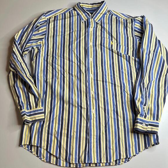Ralph Lauren Custom Fit Striped Dress Shirt Blue Yellow 100% Cotton Men’s L - Picture 1 of 5